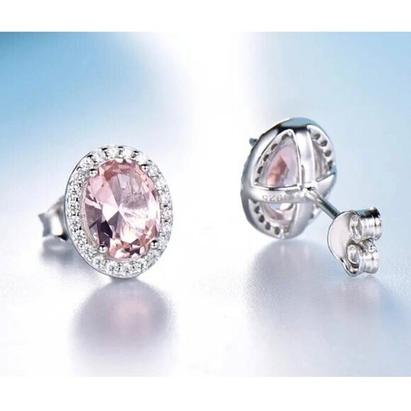 NWT Oval Pink Sapphire Stud Earring 14K Gold Over 925 Silver CZ Halo Feminine - Picture 4 of 8